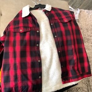 Red and black flannel with white Sherpa material on the inside!